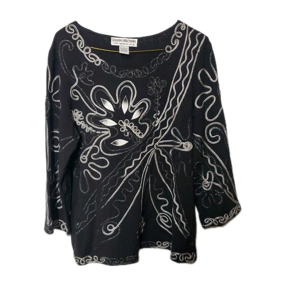 Vtg Lauren Michelle Top Women's L‎ Black With Silver Floral Embroidered Detail